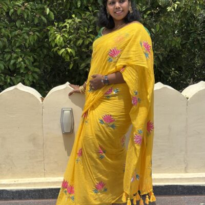 Mul Mul Cotton Yellow Saree for Women | Iyswarya Yellow Saree Online